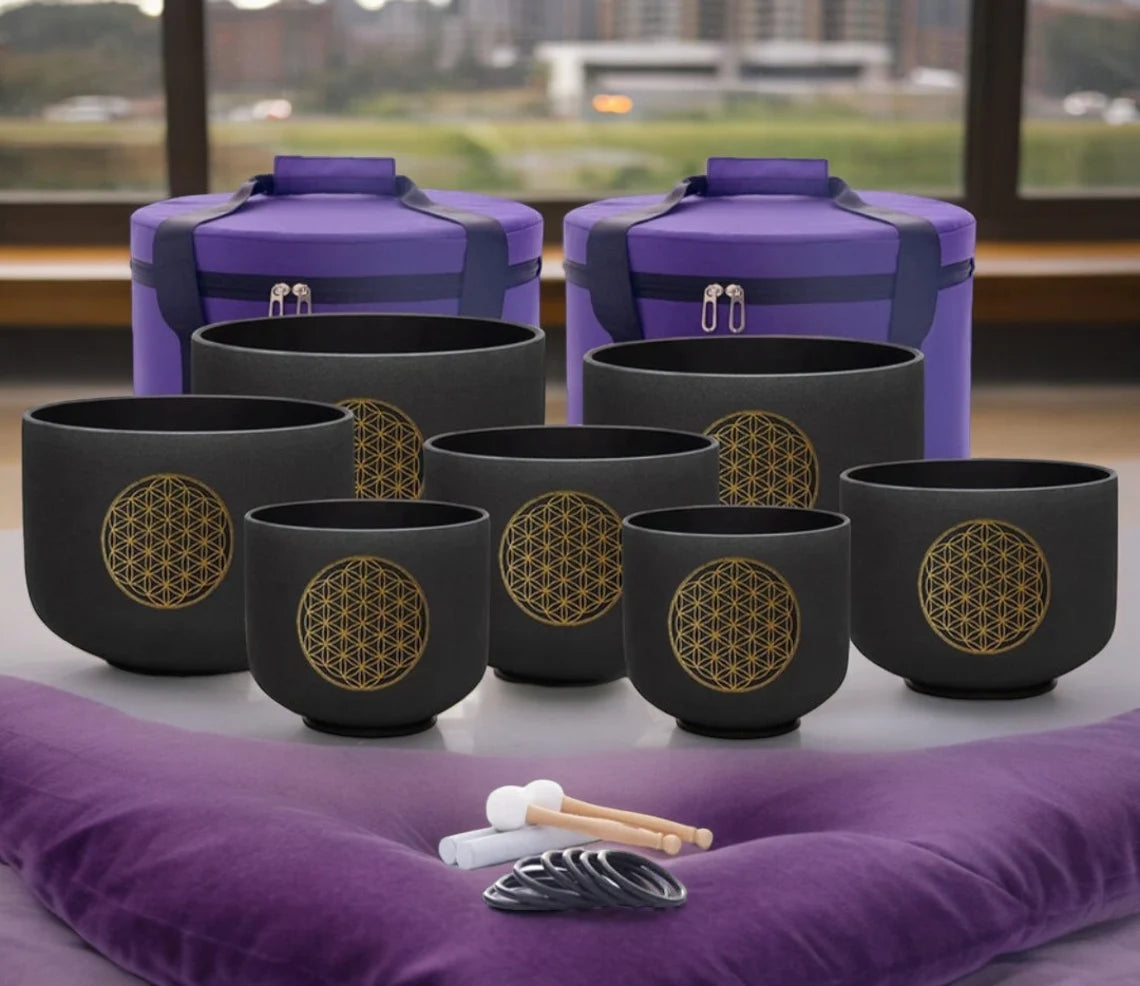 Solfeggio Crystal Singing Bowl - Black with Gold Flower of Life, Padded Secure Case, Striker, and O-ring - Thecosmicaccess