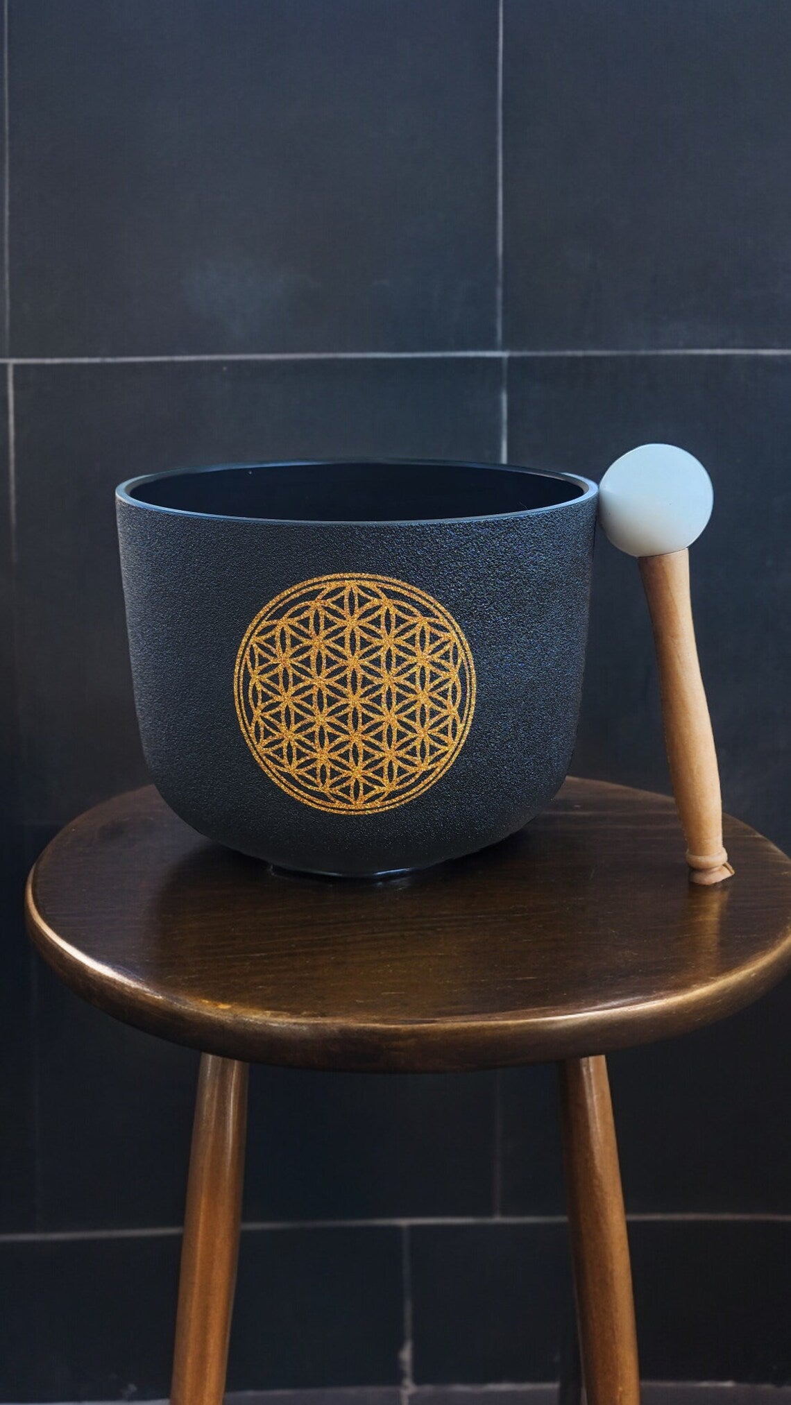 Solfeggio Crystal Singing Bowl - Black with Gold Flower of Life, Padded Secure Case, Striker, and O-ring - Thecosmicaccess