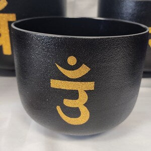 Harmony Unveiled: 432Hz Perfect Pitch Chakra Crystal Singing Bowls Set in Elegant Black with Gold Sanskrit Chakra Symbols