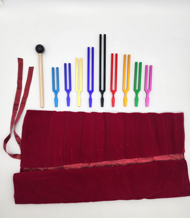 Premium Color Solfeggio Tuning Fork Set of 9 Tuning Forks Perfect for DNA Healing with Striker and Velvet Bag, Sound Therapy