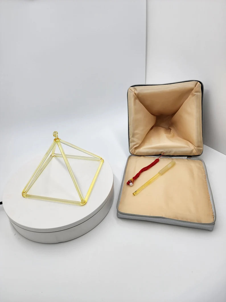 7” Yellow Quartz Crystal Singing Pyramid Sound Healing Musical Instrument with Crystal Striker and Padded Carry Case - Thecosmicaccess