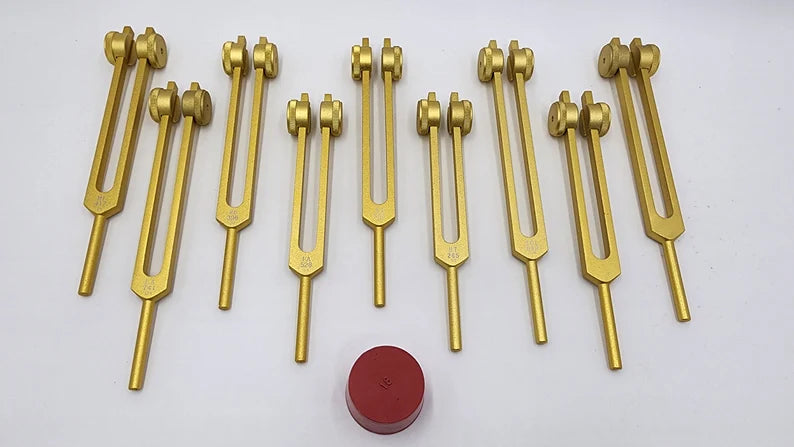 Professionally Tuned 9 Set Solfeggio Frequencies Weighted Gold Color Tuning Fork Set For Vibration Biofield with Striker and Velvet Bag
