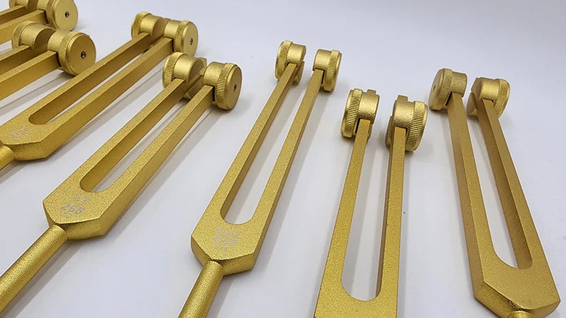 Professionally Tuned 9 Set Solfeggio Frequencies Weighted Gold Color Tuning Fork Set For Vibration Biofield with Striker and Velvet Bag