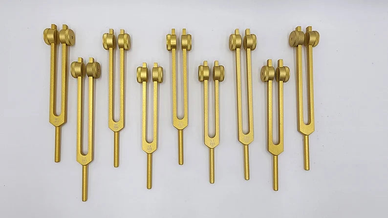 Professionally Tuned 9 Set Solfeggio Frequencies Weighted Gold Color Tuning Fork Set For Vibration Biofield with Striker and Velvet Bag