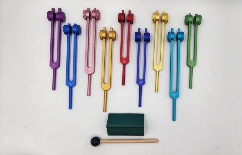 Professionally Tuned 9 Set Solfeggio Frequencies Weighted Color Tuning Fork Set For Vibration Biofield with Striker and Bag - Thecosmicaccess