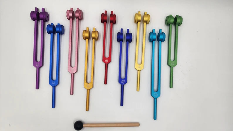 Professionally Tuned 9 Set Solfeggio Frequencies Weighted Color Tuning Fork Set For Vibration Biofield with Striker and Bag - Thecosmicaccess