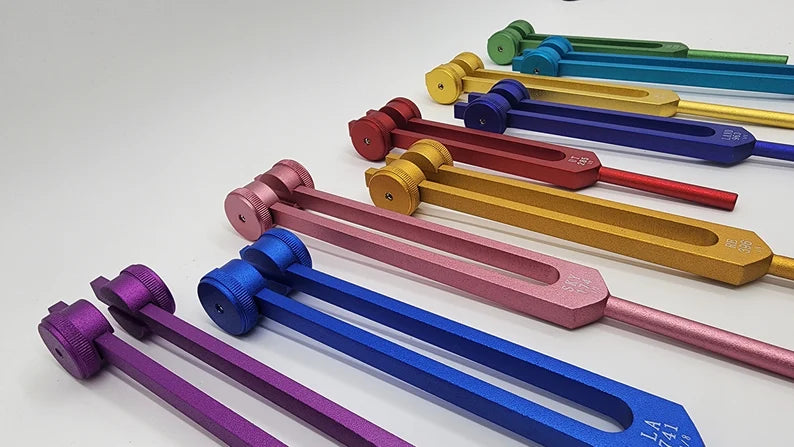Professionally Tuned 9 Set Solfeggio Frequencies Weighted Color Tuning Fork Set For Vibration Biofield with Striker and Bag - Thecosmicaccess
