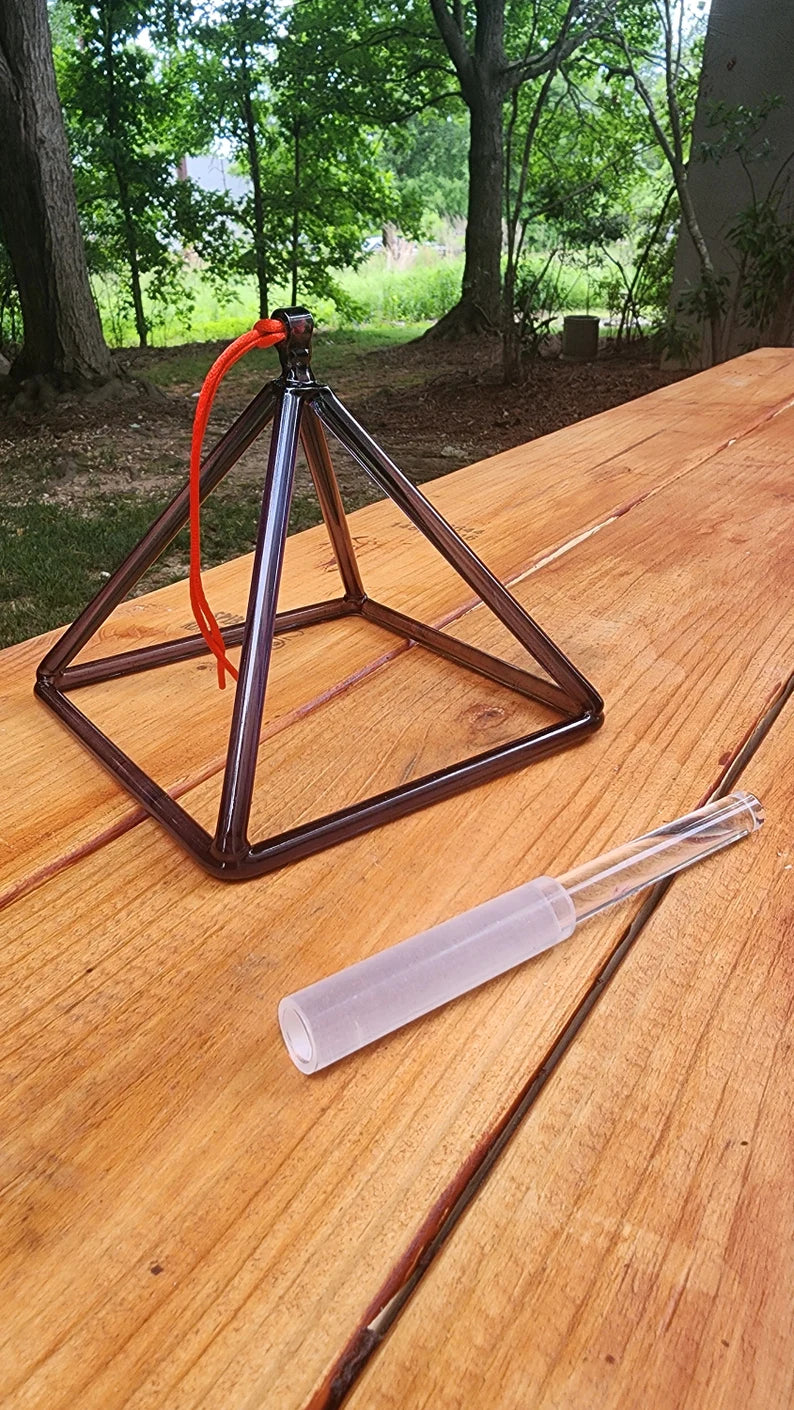 Rare and Exquisite 6 Inch Mystical Blue Black Crystal Singing Pyramid for Sound Healing and Meditation with Padded Case and Crystal Striker - Thecosmicaccess