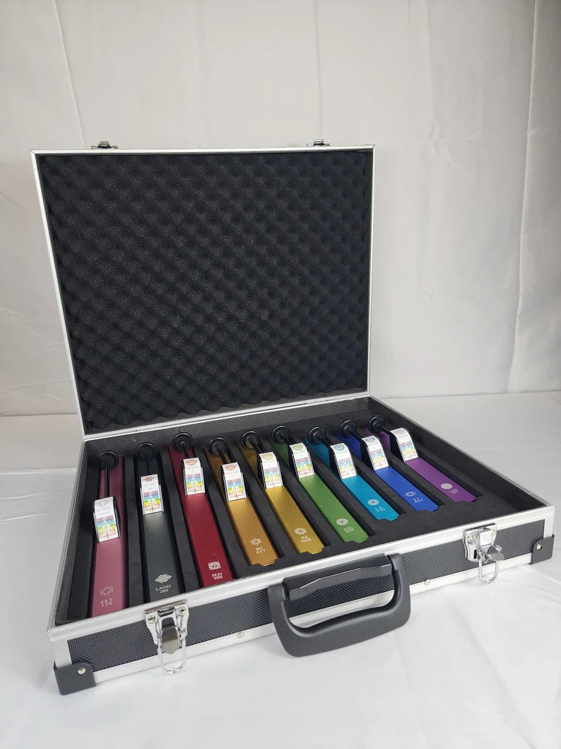 Complete Set of 9 Self-Activating Solfeggio Tubes for Bio-field Therapy and Sound Vibration - Encased in die cast Metal Container - Thecosmicaccess