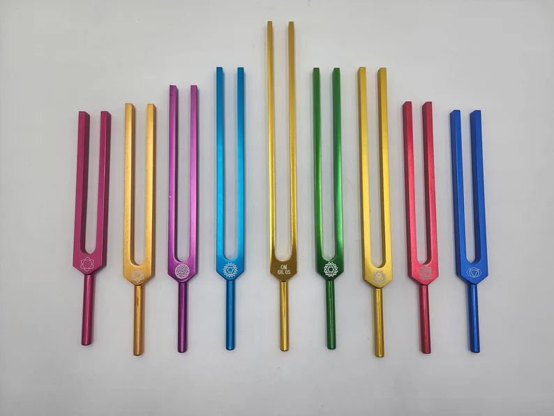 Professional Chakra Unweighted Color Coded Tuning Forks Set of 9 with Individual Chakra Sign Bags Includes Earth Star and Soul Purpose