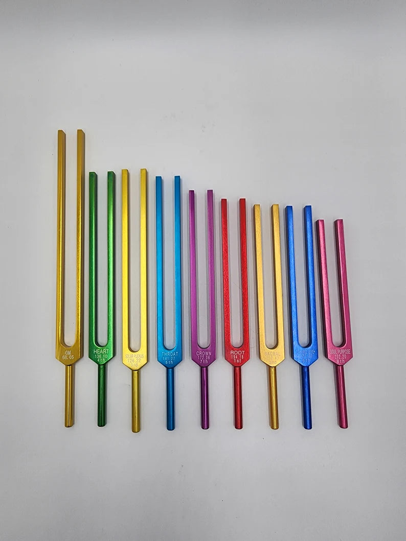 Professional Chakra Unweighted Color Coded Tuning Forks Set of 9 with Individual Chakra Sign Bags Includes Earth Star and Soul Purpose