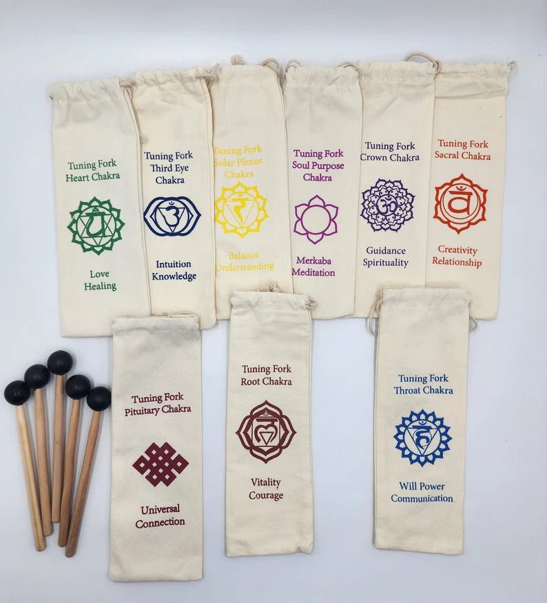 Professional Chakra Unweighted Color Coded Tuning Forks Set of 9 with Individual Chakra Sign Bags Includes Earth Star and Soul Purpose
