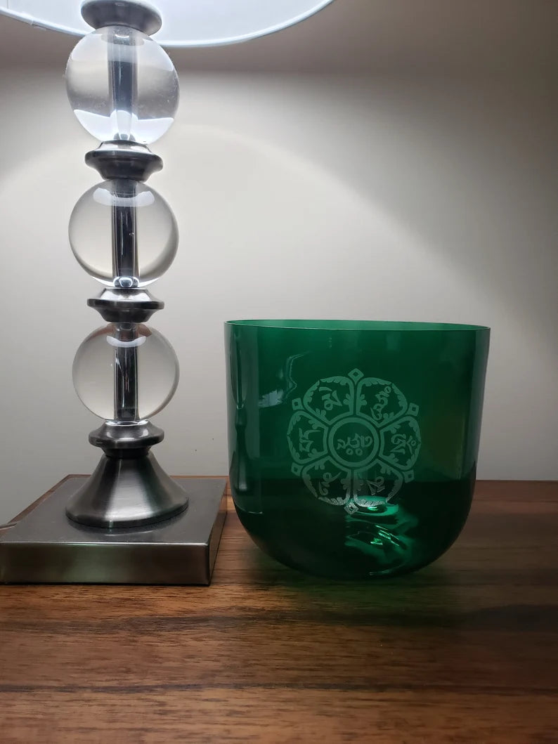 432Hz Crystal Singing Bowl 7.2 Inch Perfect Pitch Hand Design Om MANI PADMEI Hum 3rd Octave G Sharp Zeal Chakra with Striker and O-ring - Thecosmicaccess