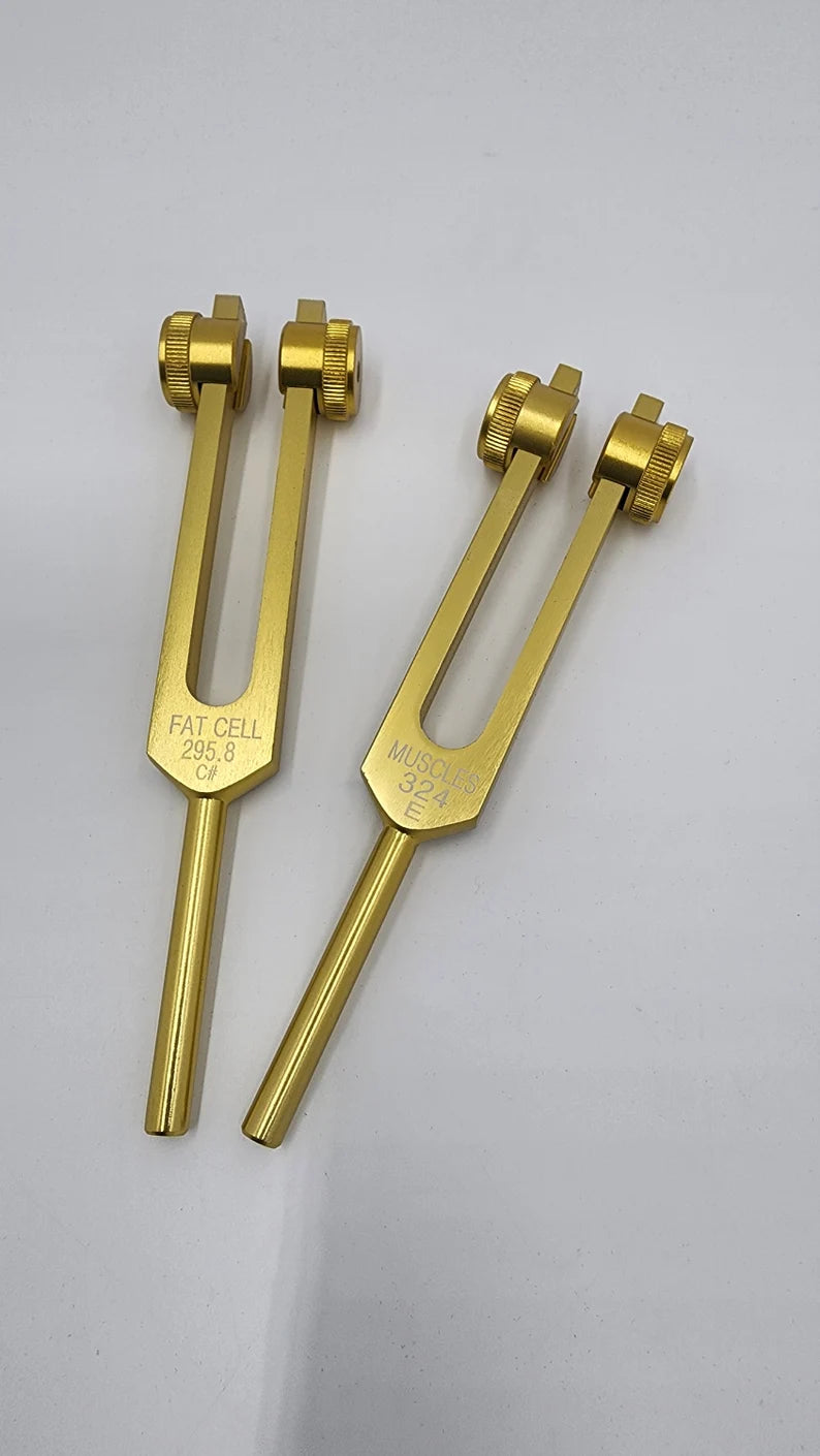 Gold Color Weighted Cellulite Tuning Fork Set - 295.80 Hz and 324 Hz - Sound Healing for Fat Cells and Muscle Growth with Bag and Striker - Thecosmicaccess