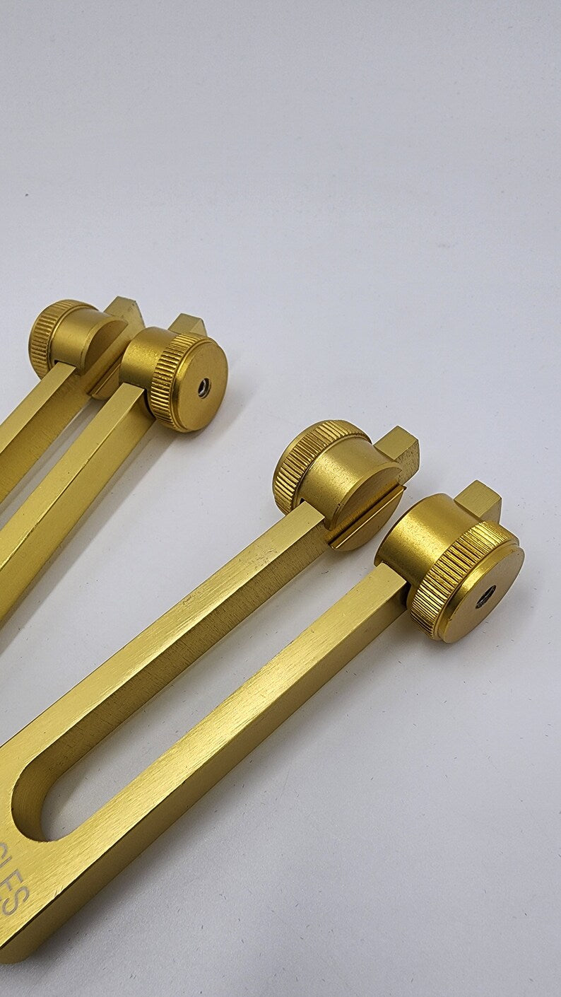 Gold Color Weighted Cellulite Tuning Fork Set - 295.80 Hz and 324 Hz - Sound Healing for Fat Cells and Muscle Growth with Bag and Striker - Thecosmicaccess