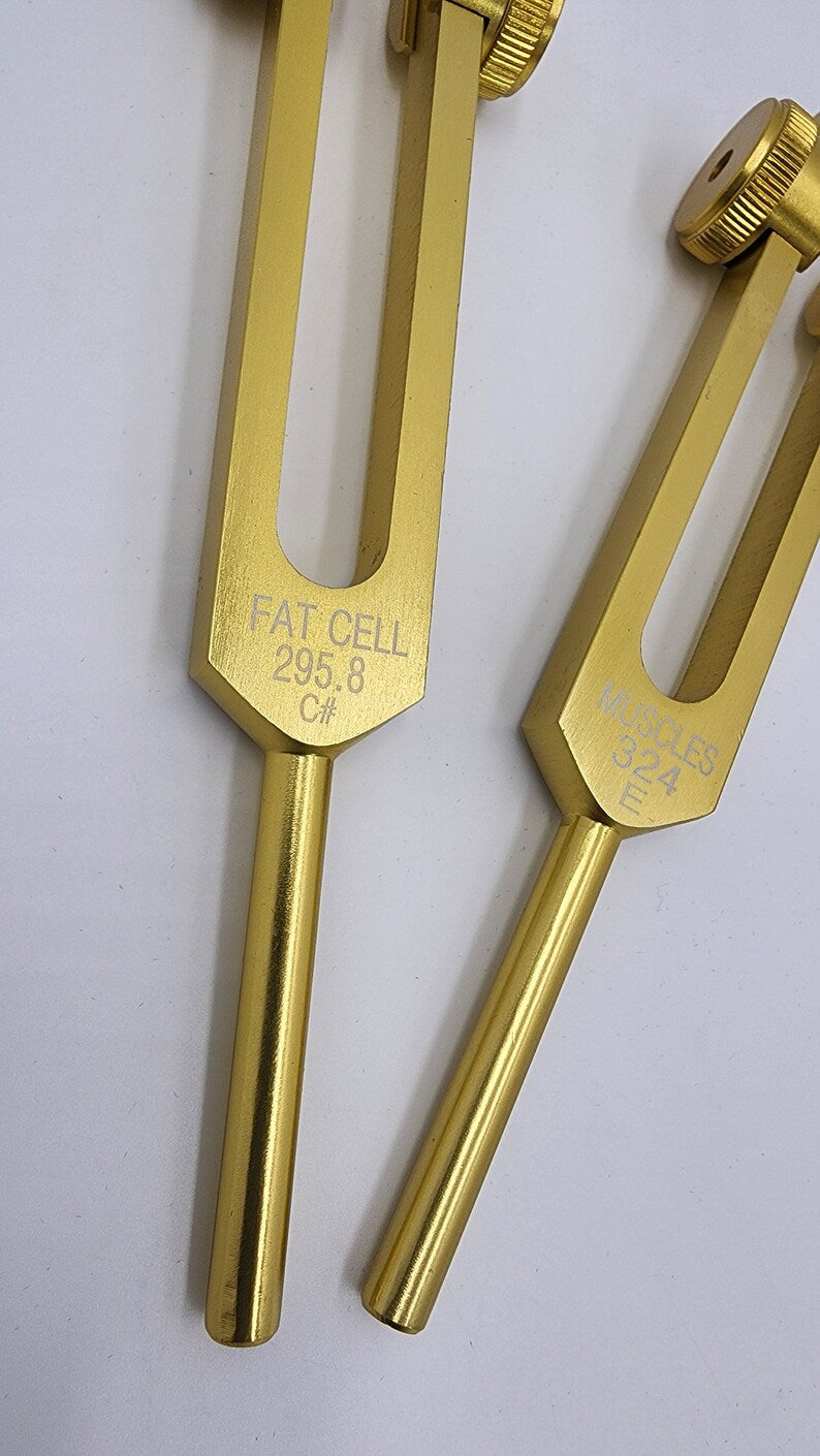 Gold Color Weighted Cellulite Tuning Fork Set - 295.80 Hz and 324 Hz - Sound Healing for Fat Cells and Muscle Growth with Bag and Striker - Thecosmicaccess