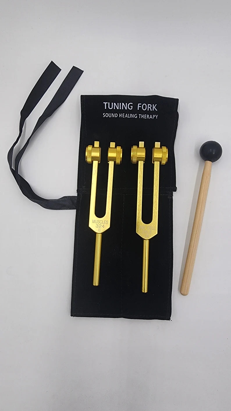 Gold Color Weighted Cellulite Tuning Fork Set - 295.80 Hz and 324 Hz - Sound Healing for Fat Cells and Muscle Growth with Bag and Striker - Thecosmicaccess