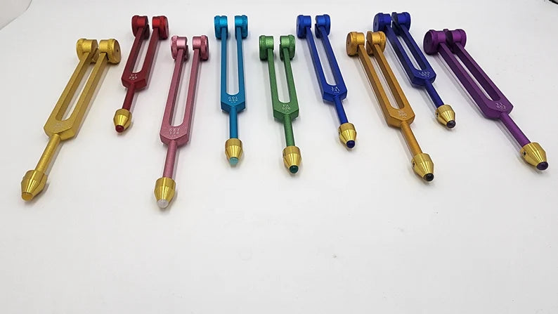 9 Secret Solfeggio Weighted Tuning Forks Set with Individually Marked Bags and Striker with Removable Gem Feet - Thecosmicaccess