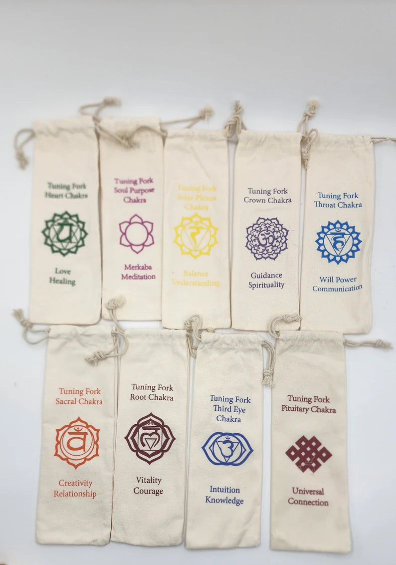 9 Secret Solfeggio Weighted Tuning Forks Set with Individually Marked Bags and Striker with Removable Gem Feet - Thecosmicaccess