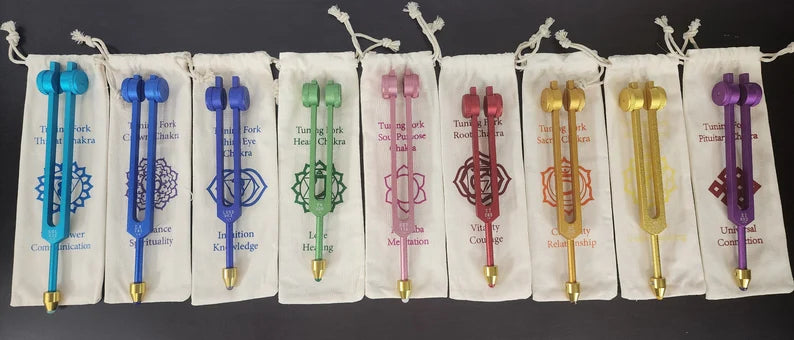 9 Secret Solfeggio Weighted Tuning Forks Set with Individually Marked Bags and Striker with Removable Gem Feet - Thecosmicaccess