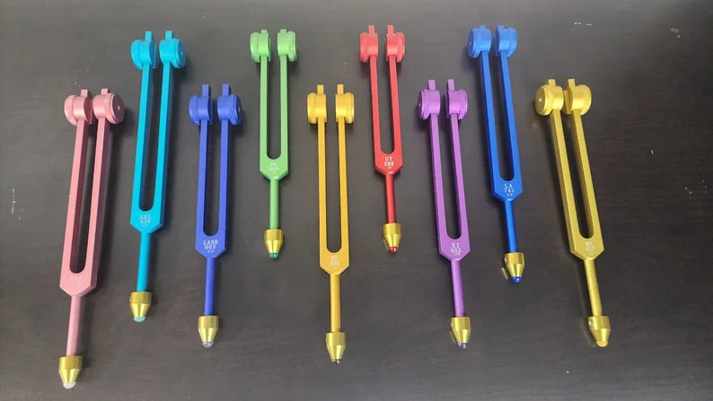 9 Secret Solfeggio Weighted Tuning Forks Set with Individually Marked Bags and Striker with Removable Gem Feet - Thecosmicaccess