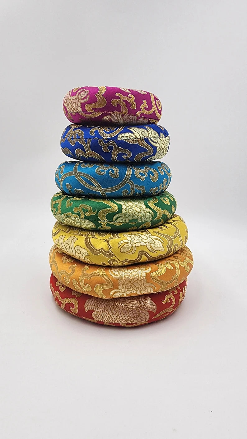 Chakra Coded Silk O-rings Brocade Cushion Set for Crystal/Tibetan Singing Bowls - 7 Colors - Thecosmicaccess