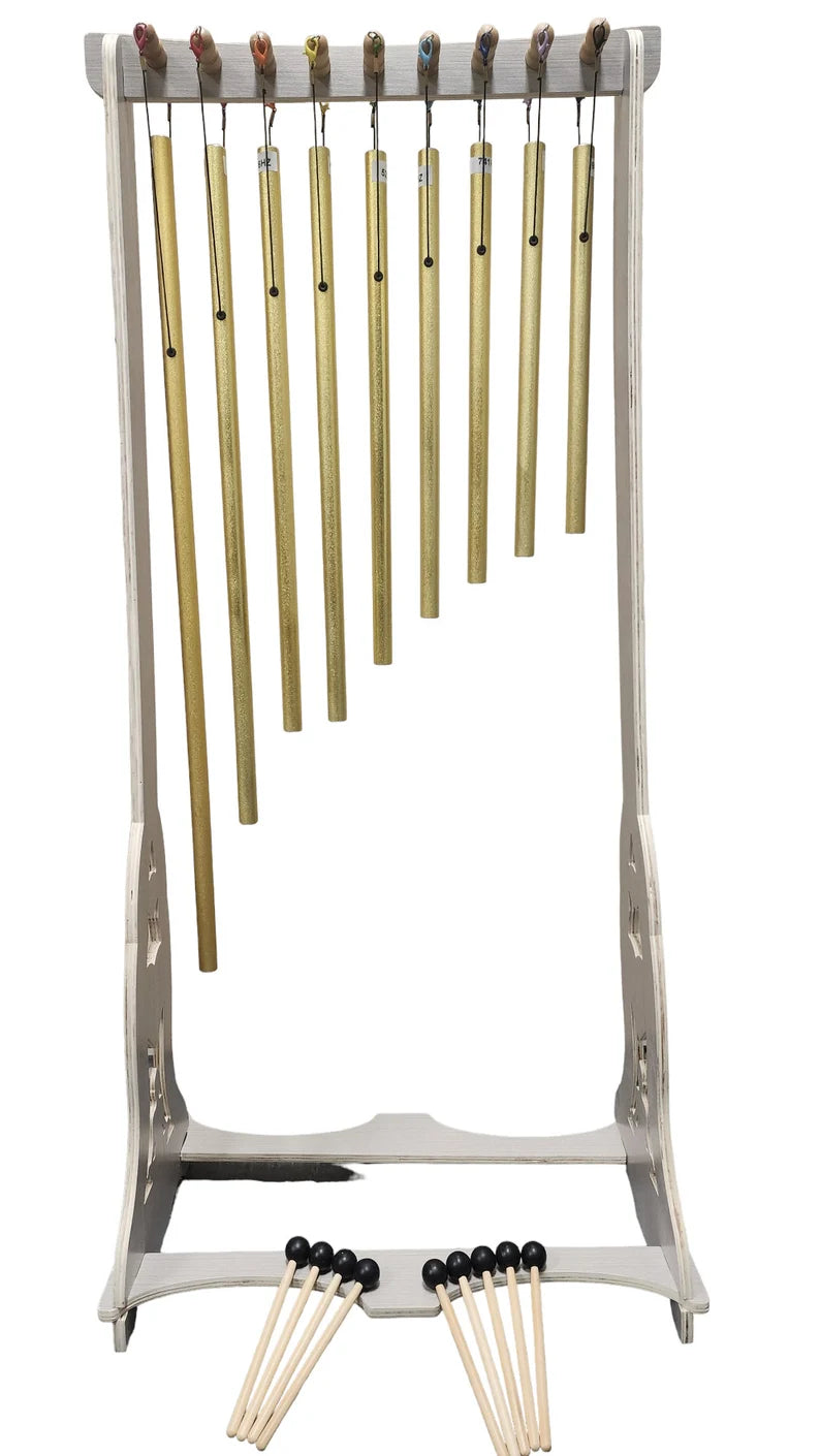 Gold Color Solfeggio Tuning Pipes Complete Set of 9 with Wooden Stand - Louder than Tuning Forks - Thecosmicaccess