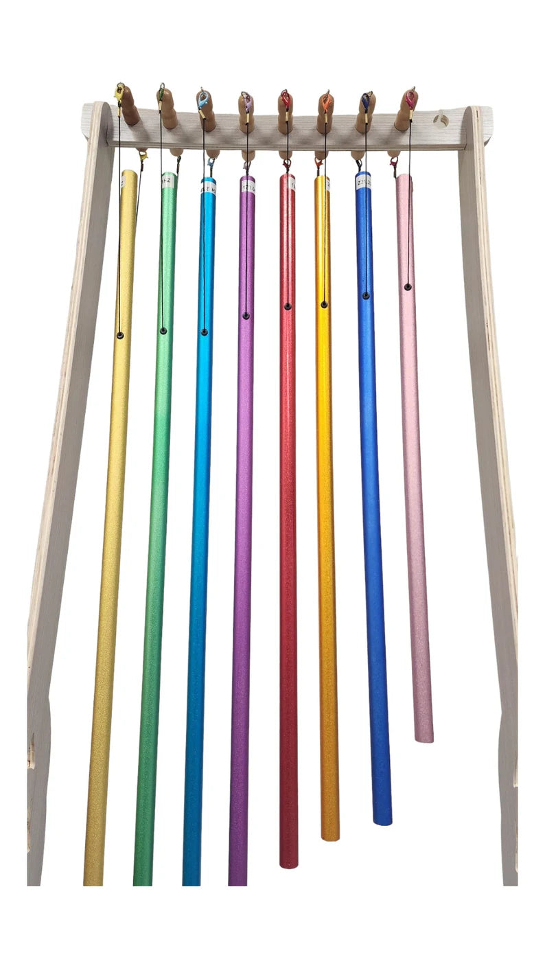 Set of 8 Chakra Color Coded Hanging Tuning Pipes with Wooden Stand - Louder Than Tuning Forks - Thecosmicaccess