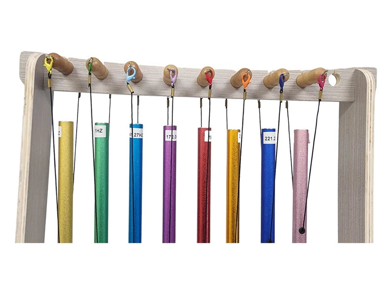 Set of 8 Chakra Color Coded Hanging Tuning Pipes with Wooden Stand - Louder Than Tuning Forks - Thecosmicaccess