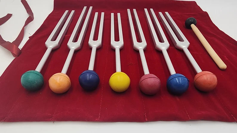 Chakra Tuning Fork Set Unweighted Silver with Color Removable Balls, Velvet Bag and Striker - Sound Healing Therapy Biofield Balancing - Thecosmicaccess