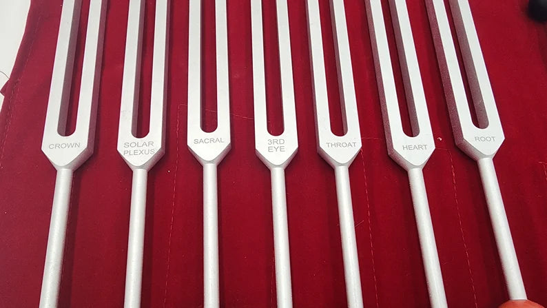 Chakra Tuning Fork Set Unweighted Silver with Color Removable Balls, Velvet Bag and Striker - Sound Healing Therapy Biofield Balancing - Thecosmicaccess