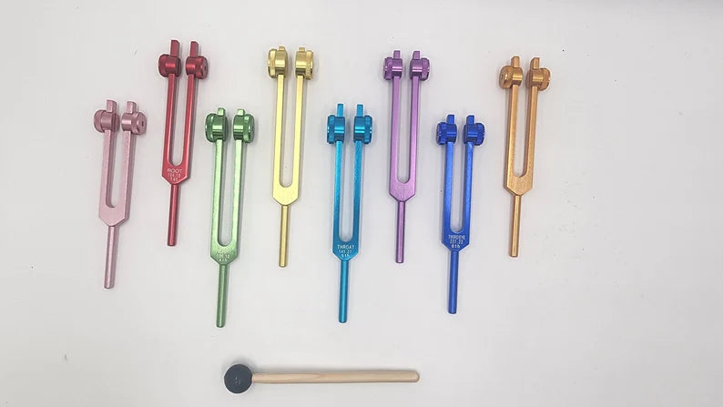 8 Chakra Tuning Fork Set Weighted Color Coded with Color Coded Bags and Striker Includes SOUL PURPOSE - Thecosmicaccess
