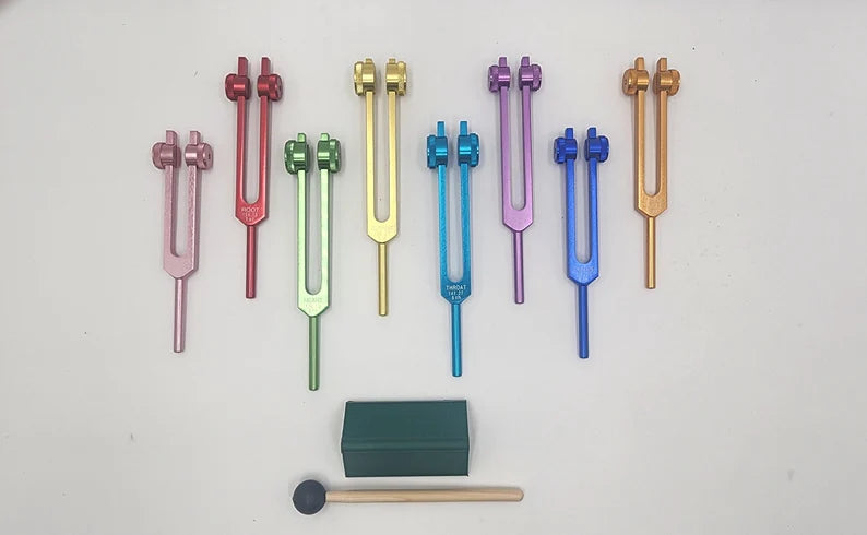 8 Chakra Tuning Fork Set Weighted Color Coded with Color Coded Bags and Striker Includes SOUL PURPOSE - Thecosmicaccess
