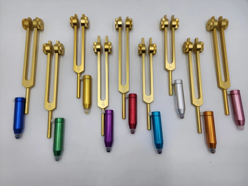 Professionally Tuned 9 Set Solfeggio Tuning Fork Set Weighted Gold Color For Vibration Biofield - Choose any Extensions