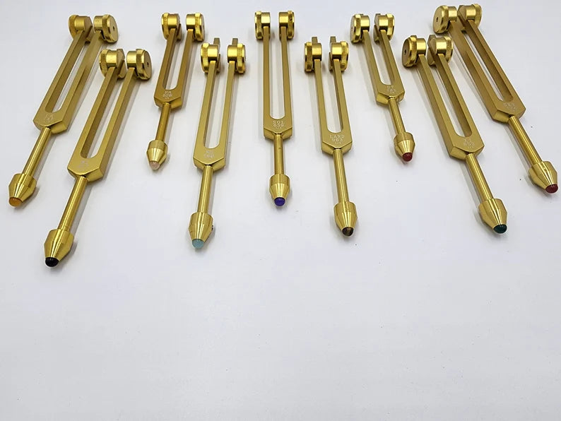 Professionally Tuned 9 Set Solfeggio Tuning Fork Set Weighted Gold Color For Vibration Biofield - Choose any Extensions