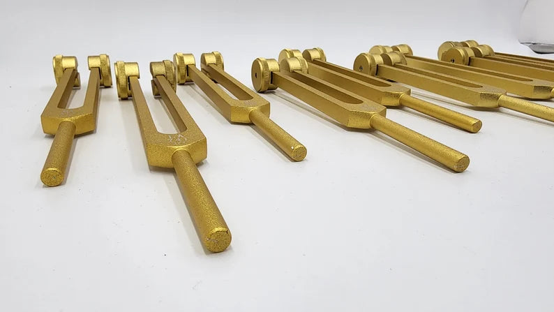 Professionally Tuned 9 Set Solfeggio Frequencies Weighted Gold Color Tuning Fork Set For Vibration Biofield with Striker and Velvet Bag