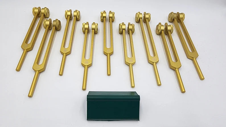 Professionally Tuned 9 Set Solfeggio Frequencies Weighted Gold Color Tuning Fork Set For Vibration Biofield with Striker and Velvet Bag