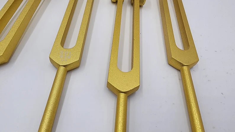 Professionally Tuned 9 Set Solfeggio Frequencies Weighted Gold Color Tuning Fork Set For Vibration Biofield with Striker and Velvet Bag