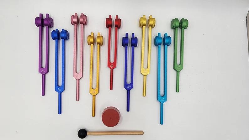 Professionally Tuned 9 Set Solfeggio Frequencies Weighted Color Tuning Fork Set For Vibration Biofield with Striker and Bag - Thecosmicaccess