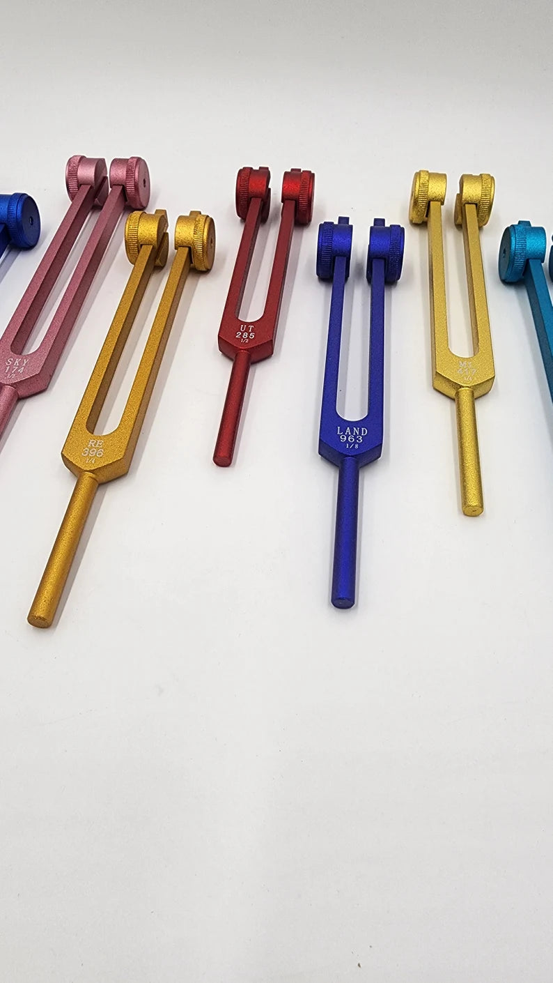 Professionally Tuned 9 Set Solfeggio Frequencies Weighted Color Tuning Fork Set For Vibration Biofield with Striker and Bag - Thecosmicaccess
