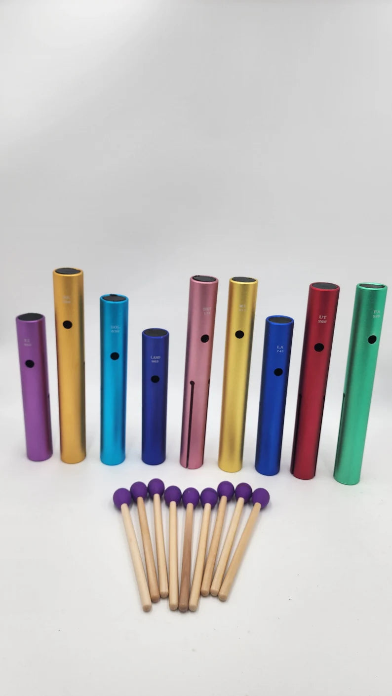 Solfeggio Tubes - Full Set of 9 Chakra Color Sound Frequencies Instruments for Vibration and Healing - Louder than Tuning Forks - Thecosmicaccess