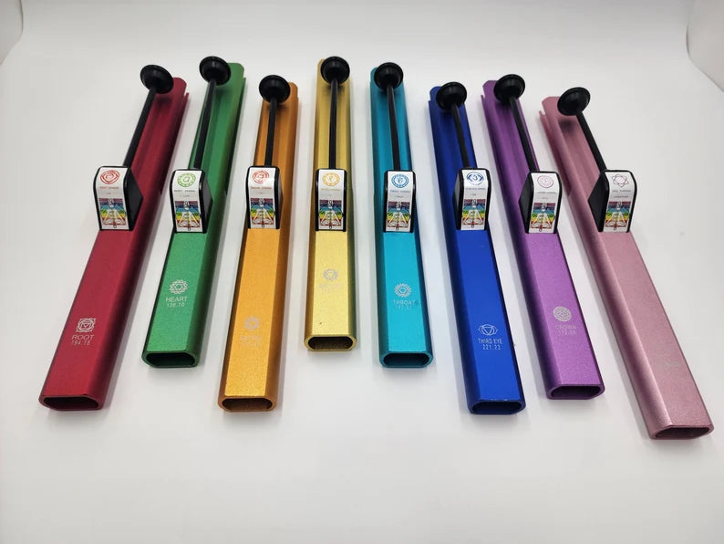 Harmonize Your Energy: The Complete Set of 8 Chakra Self Knock Pipes with Encased Die Cast Metal Container - Louder than Tuning Forks
