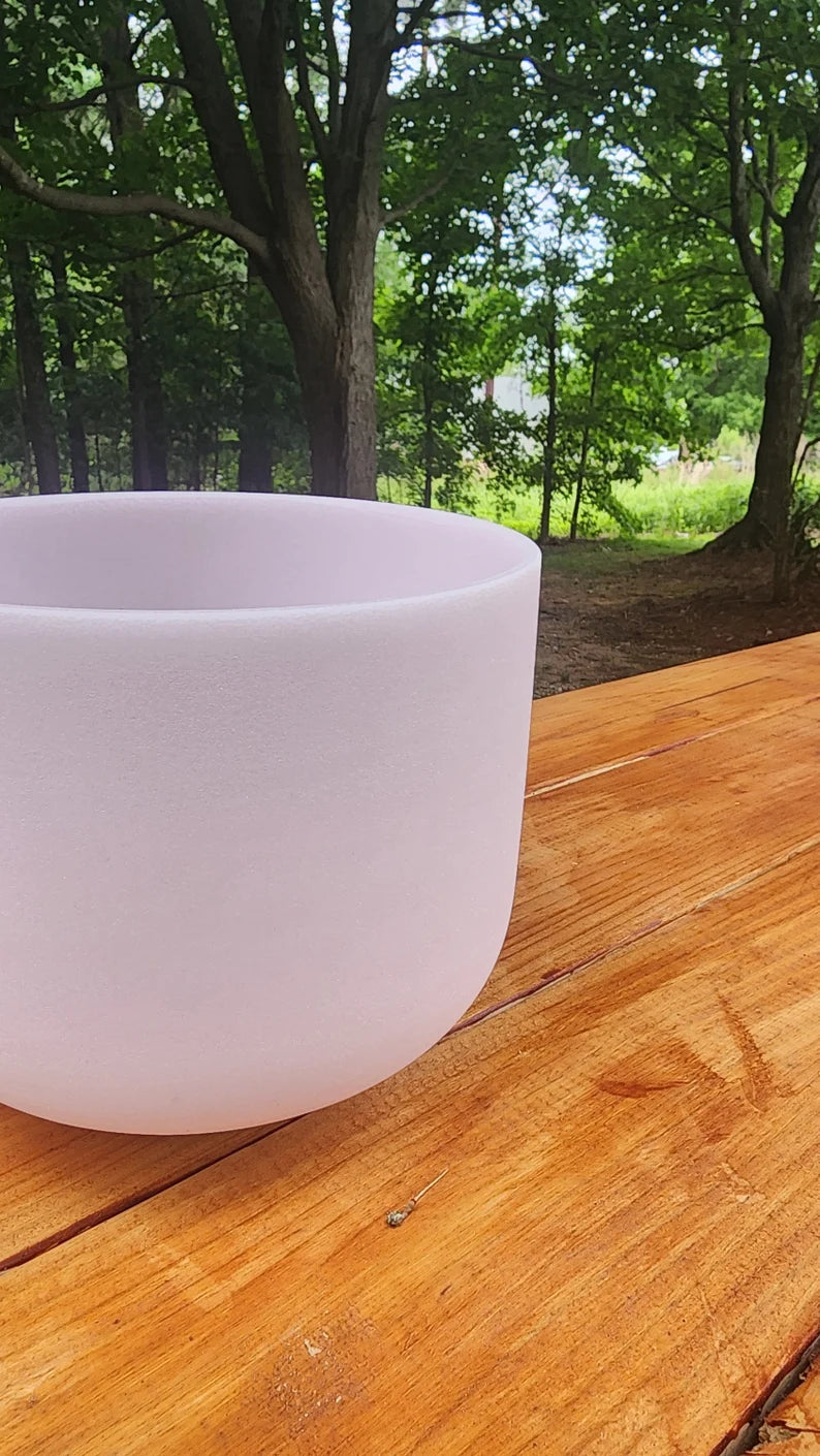 8" Handmade Morganite Fused Crystal Singing Bowl - G Note - Throat Chakra with Padded Secure Case, Mallet and O-ring - Thecosmicaccess
