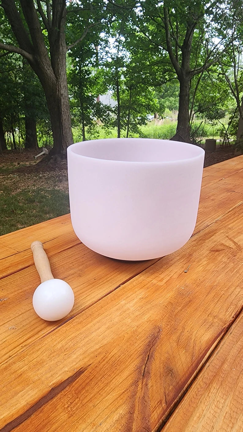 8" Handmade Morganite Fused Crystal Singing Bowl - G Note - Throat Chakra with Padded Secure Case, Mallet and O-ring - Thecosmicaccess