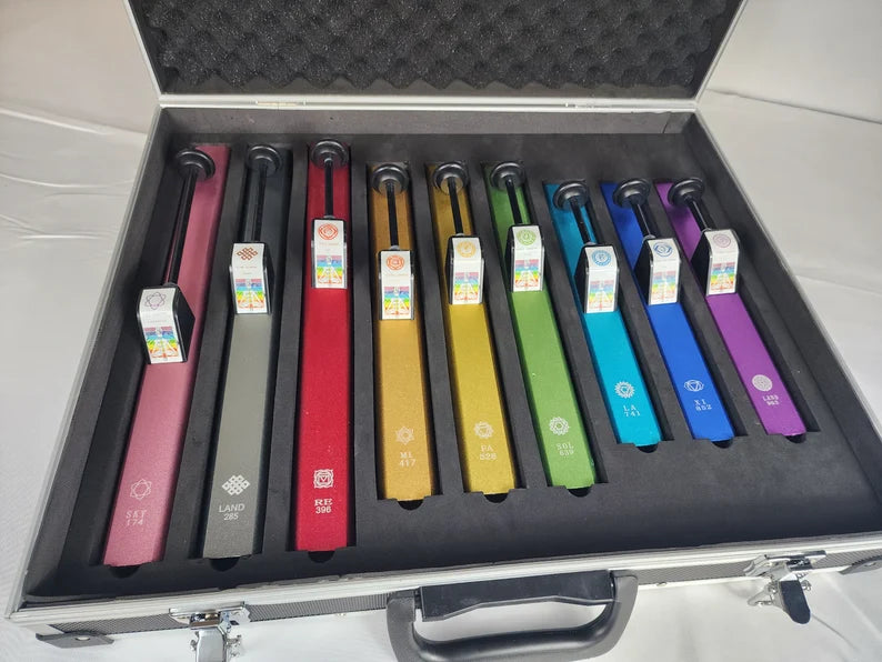 Complete Set of 9 Self-Activating Solfeggio Tubes for Bio-field Therapy and Sound Vibration - Encased in die cast Metal Container - Thecosmicaccess
