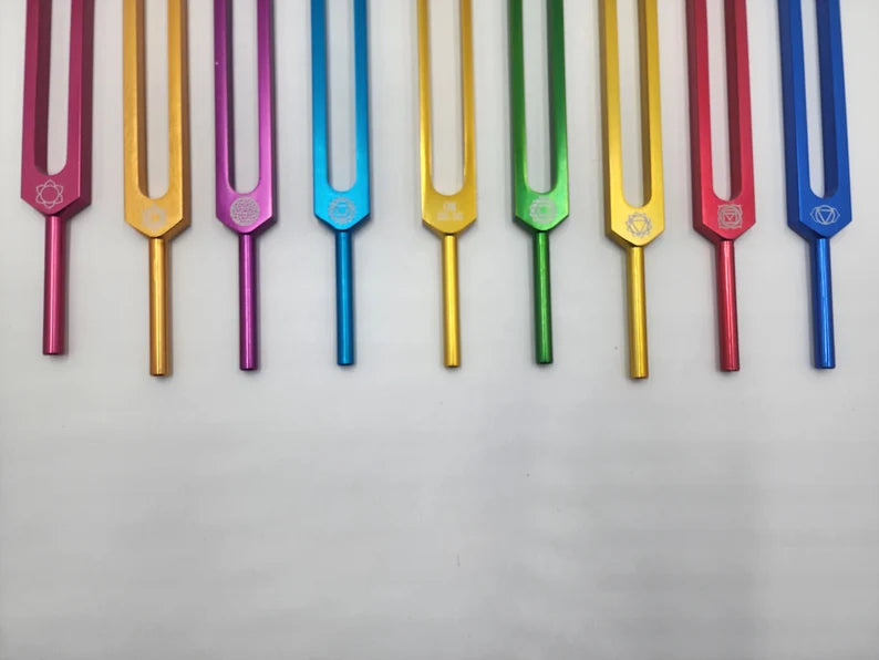 Professional Chakra Unweighted Color Coded Tuning Forks Set of 9 with Individual Chakra Sign Bags Includes Earth Star and Soul Purpose