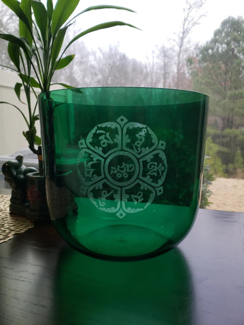 432Hz Crystal Singing Bowl 7.2 Inch Perfect Pitch Hand Design Om MANI PADMEI Hum 3rd Octave G Sharp Zeal Chakra with Striker and O-ring - Thecosmicaccess