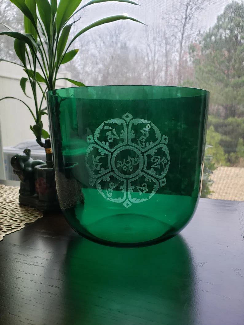 432Hz Crystal Singing Bowl 7.2 Inch Perfect Pitch Hand Design Om MANI PADMEI Hum 3rd Octave G Sharp Zeal Chakra with Striker and O-ring - Thecosmicaccess