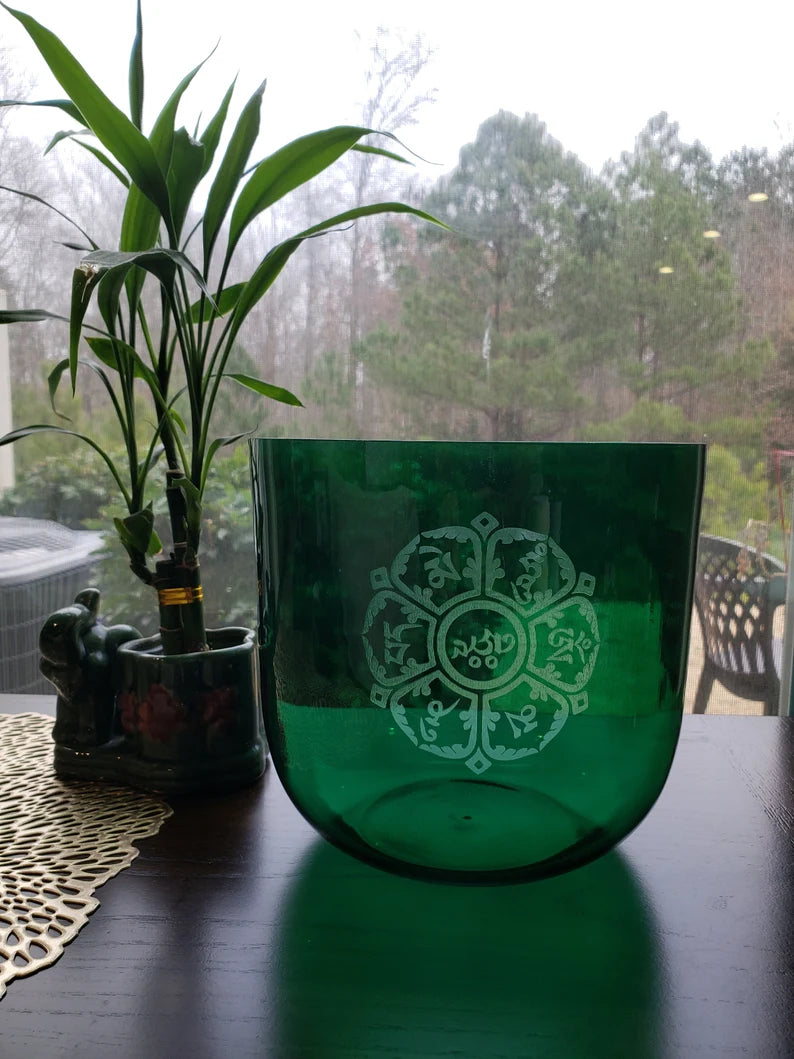 432Hz Crystal Singing Bowl 7.2 Inch Perfect Pitch Hand Design Om MANI PADMEI Hum 3rd Octave G Sharp Zeal Chakra with Striker and O-ring - Thecosmicaccess