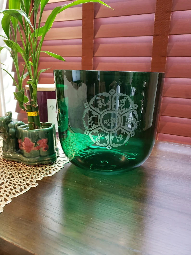 432Hz Crystal Singing Bowl 7.2 Inch Perfect Pitch Hand Design Om MANI PADMEI Hum 3rd Octave G Sharp Zeal Chakra with Striker and O-ring - Thecosmicaccess